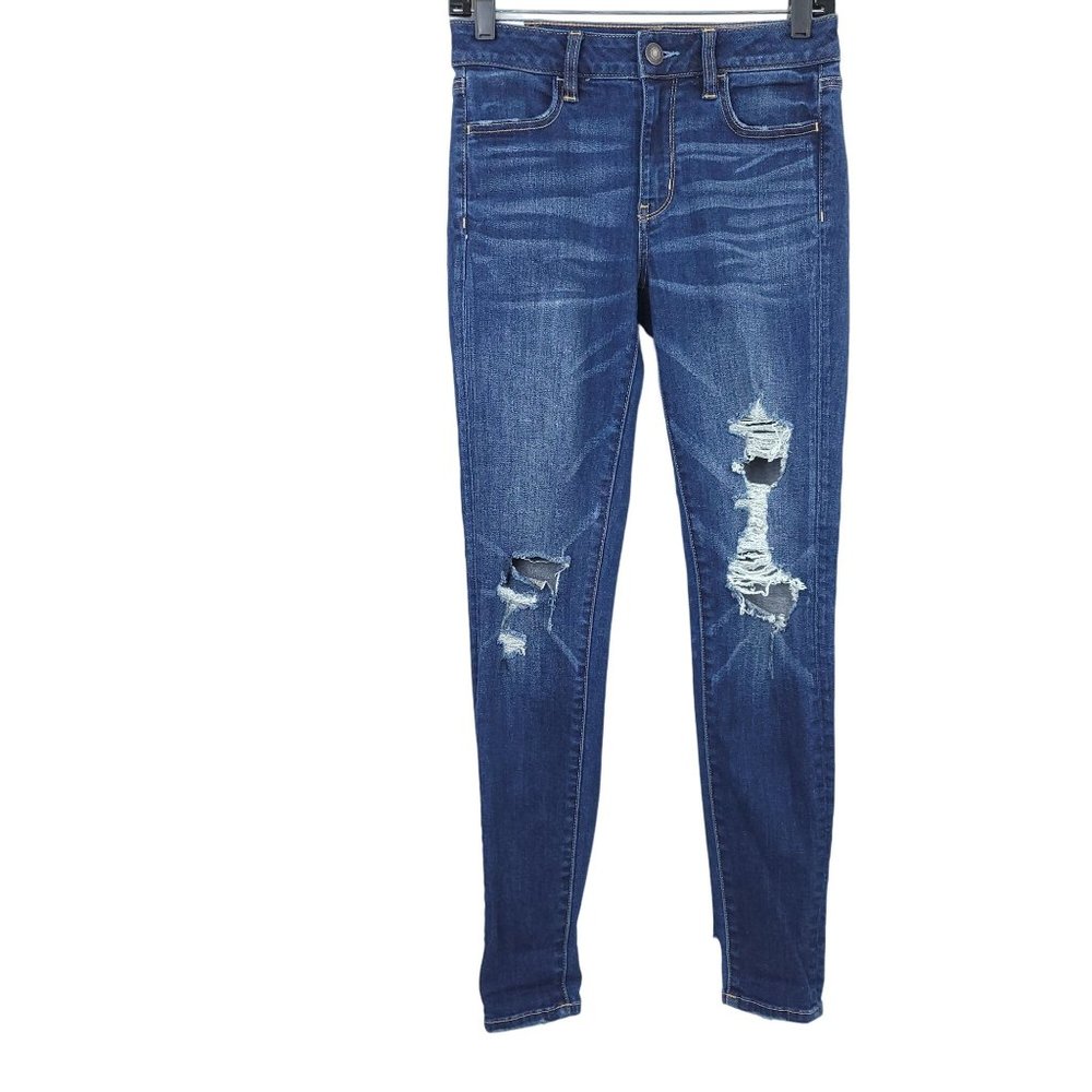 American Eagle Hi Rise Jegging Jeans Destroyed Size 4 Super Stretch X Dark Wash